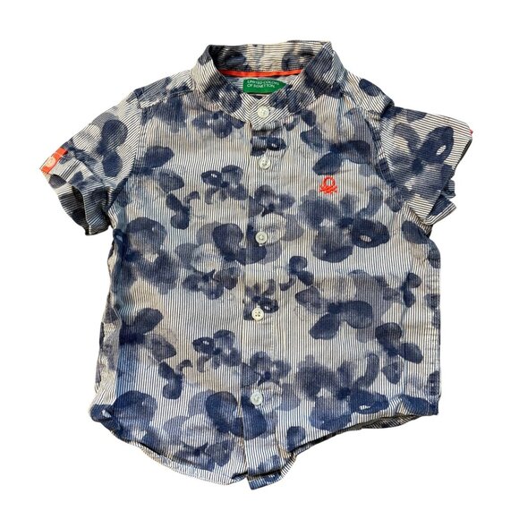 United Colors Of Benetton Boys Blue Floral Striped Short-Sleeve Button-Up Shirt - Picture 1 of 3